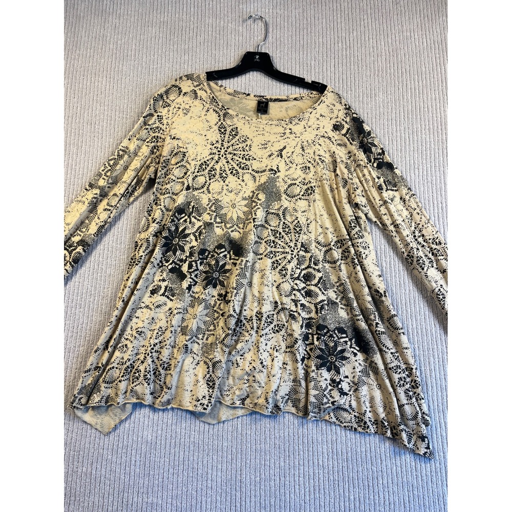 Peruvian Connection Top Womens M L Tan Print Pima Cotton Modal Sharkbite Tunic